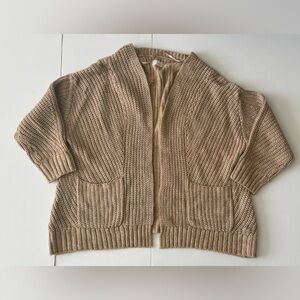 Lou & Grey Cozy Open-Front Chunky Knit Cardigan Sweater Beige Brown Large